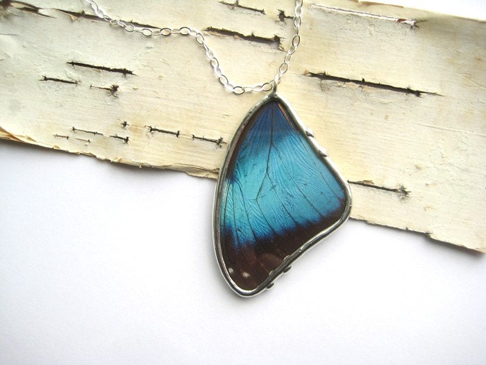 Real Butterfly Wing Necklace - Bright Blue Morpho Deidamia - CUSTOM RESERVED