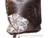 Brown Leather Boho Messenger Bag with Crochet Lace & Antique Key - XL Deluxe MADE to ORDER