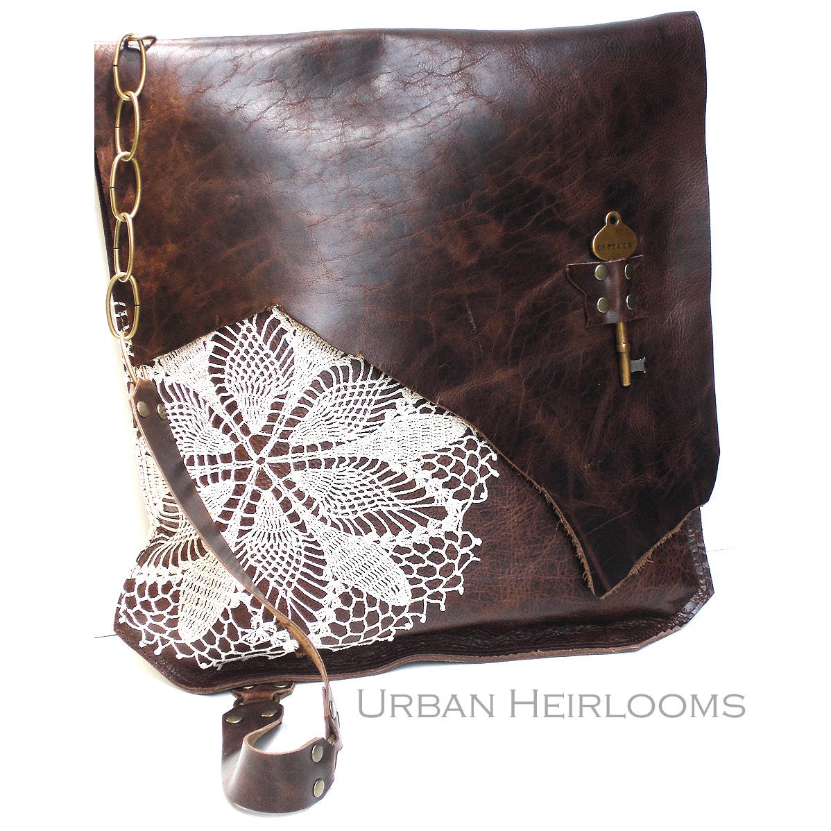 Brown Leather Boho Messenger Bag with Crochet Lace & Antique Key - XL Deluxe MADE to ORDER