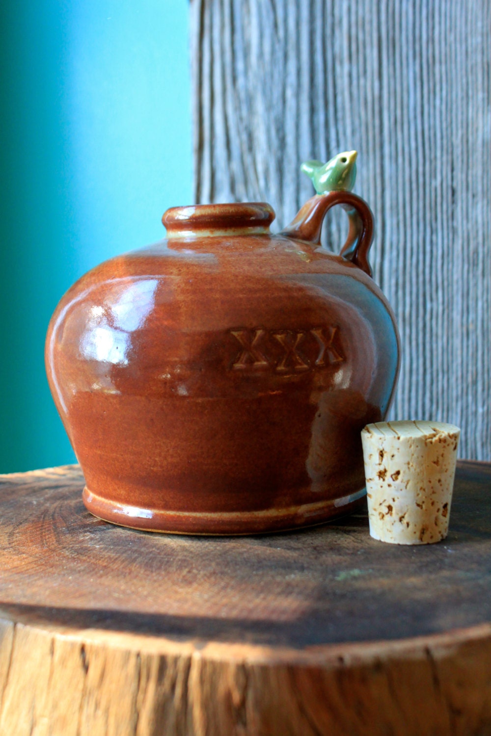 Handmade XXX Whiskey Jug with a Little Birdie Perched on the Handle