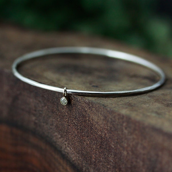 sterling silver organic carved bangle with 14k yellow gold charm with golden diamond, rustic luxe, one of a kind