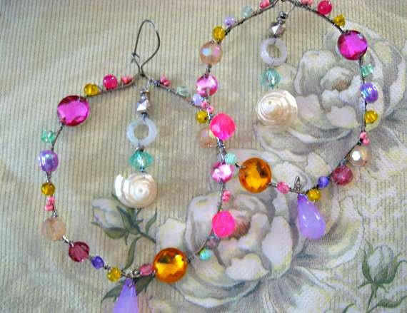 Seashell Earrings, Hoops, Large, Beaded, Pink, Yellow, Purple, Blue, Dangle, Bohemian, Gypsy, Boho, Rainbow