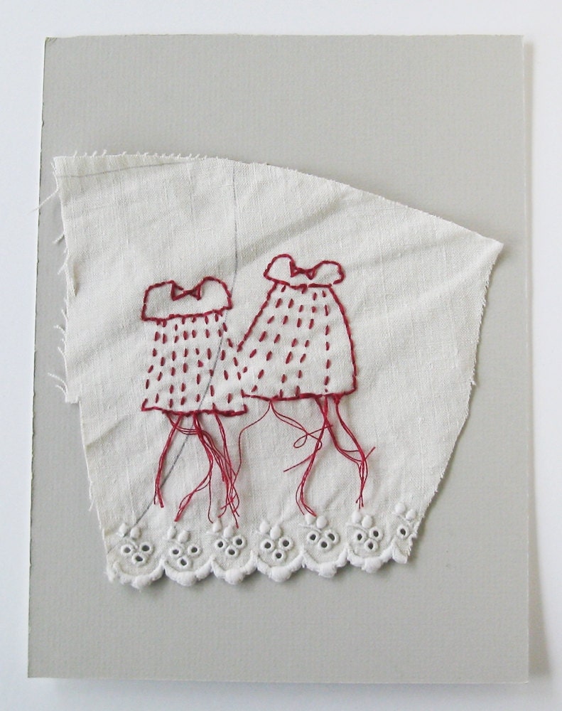 Small art quilt,  embroidered, stitched cloth, Little dresses