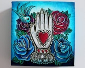 Sacred Heart Hand Milagro Painting on Canvas- 9 x 9 x 2 inch