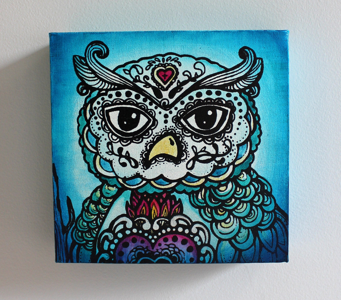 Day of the Dead Owl Screen Print and Painting on Canvas- 9 x 9 x 2 inch