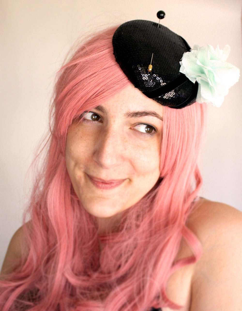Black Sequin Button Fascinator with interchangable floral clips // sequin cocktail hat // mint & coral