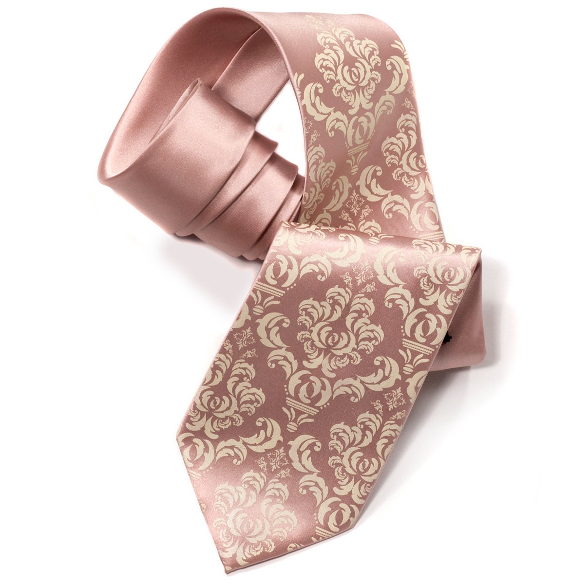 Buff pink damask men's necktie. Ivory-cream print on "peach." Silkscreened men's tie. Microfiber. Perfect for weddings.