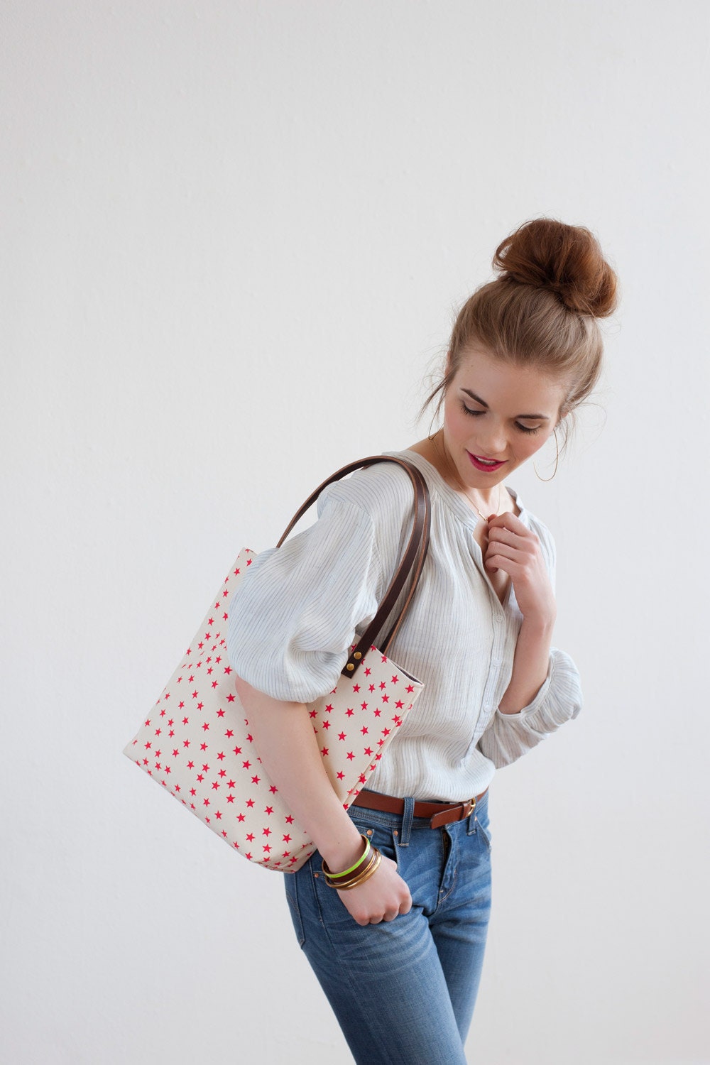 Watermelon Stars Tote Bag,  Hand Printed Canvas, Leather Straps