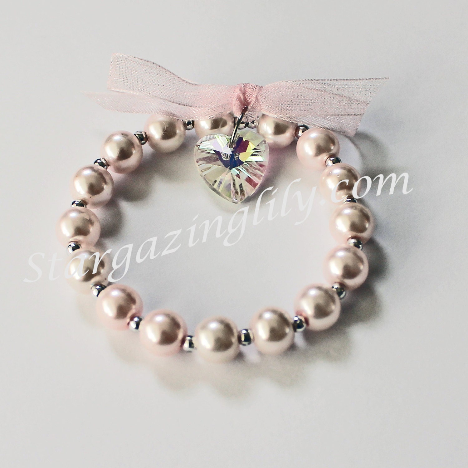 Soft Baby pink pearl bracelet crystal heart pink bow Valentine Bracelet Gift for little girl Newborn keepsake Communion Gift Baptism Gift
