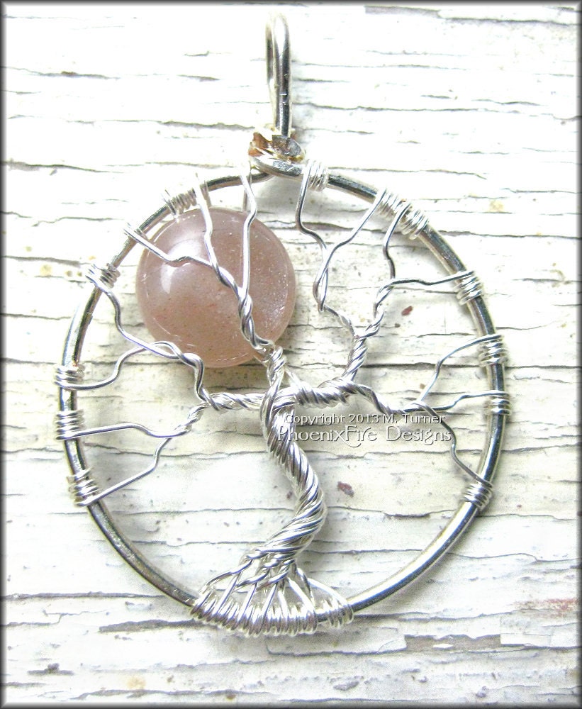 Sunstone Full Moon Tree of Life Pendant Sterling Silver Wire Wrapped Sun and Moon - PhoenixFireDesigns