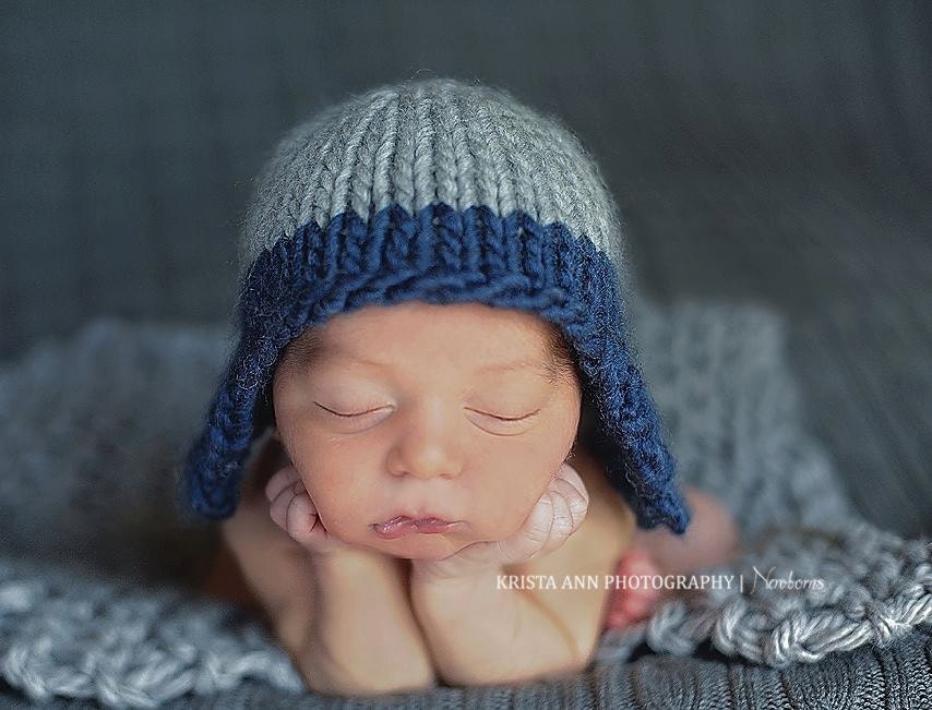 Earflap Hat newborn baby gray blue aviator photography prop