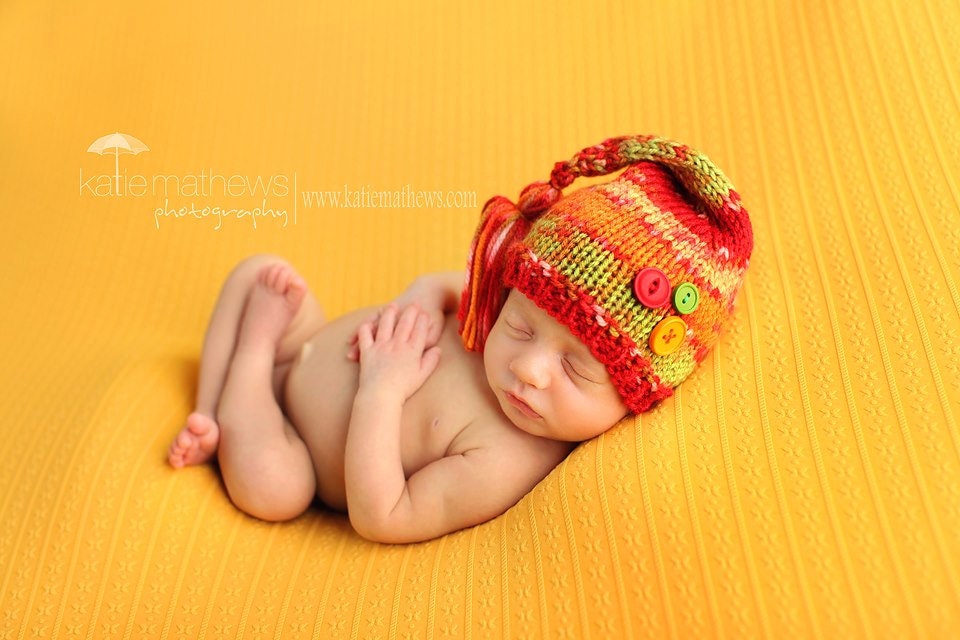 Night Cap with Tassel buttons newborn hat colorful photography prop orange green red