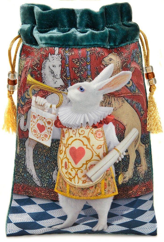 Alice - The White Rabbit Herald. Drawstring bag or tarot bag with wonderful BLUE TEAL silk velvet