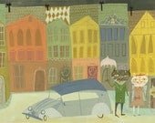 The Cat Family in York.  Original gouache painting by Matte Stephens.