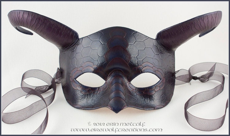 Dragon mask dark purple scaled horned handmade leather masquerade costume Halloween