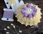 Linen  pincushion - crochet motif