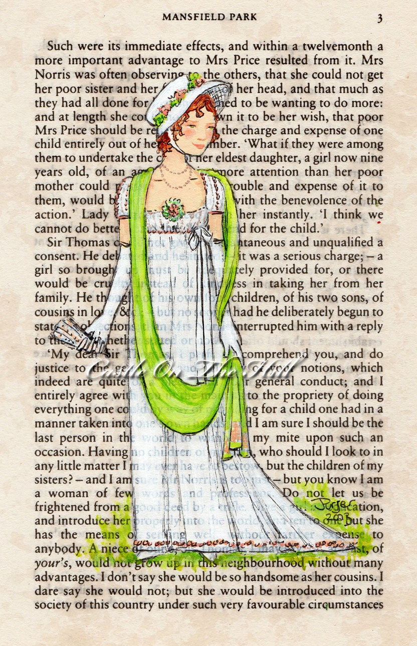 Mansfield Park original portrait painting on Jane Austen book page - Regency Lady