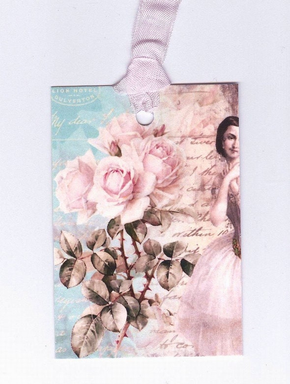 Ballerina Gift Tags, Pink Roses, Vintage Style , Pink and Blue , Bluebird lane