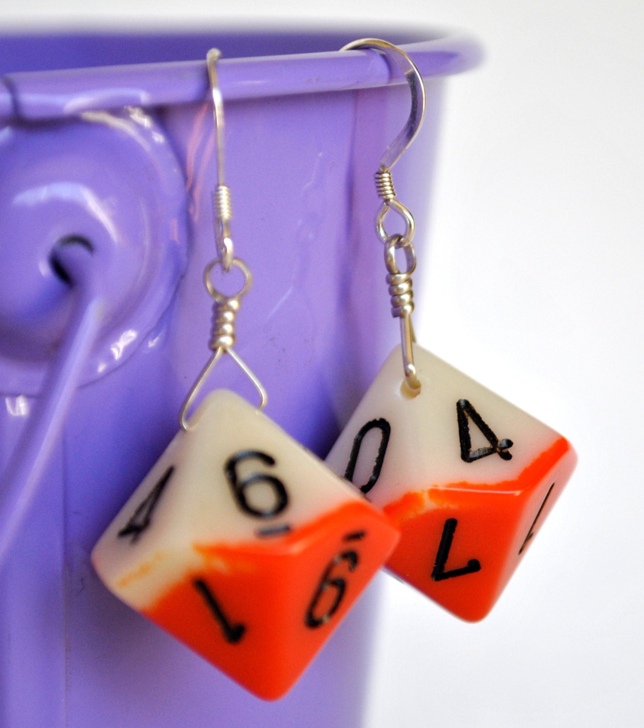 Dice Earrings - Orange and White d10 Ten Sided - Dice Jewelry - Geeky Gamer Jewelry