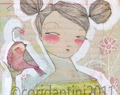watercolor portrait of a woman and bird - 8 x 8 inch limited edition archival print by cori dantini
