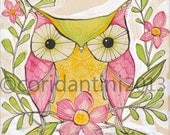 whimsical watercolor painting of a yellow owl - 8 x 8 - limited edition archival print by cori dantini - child decor