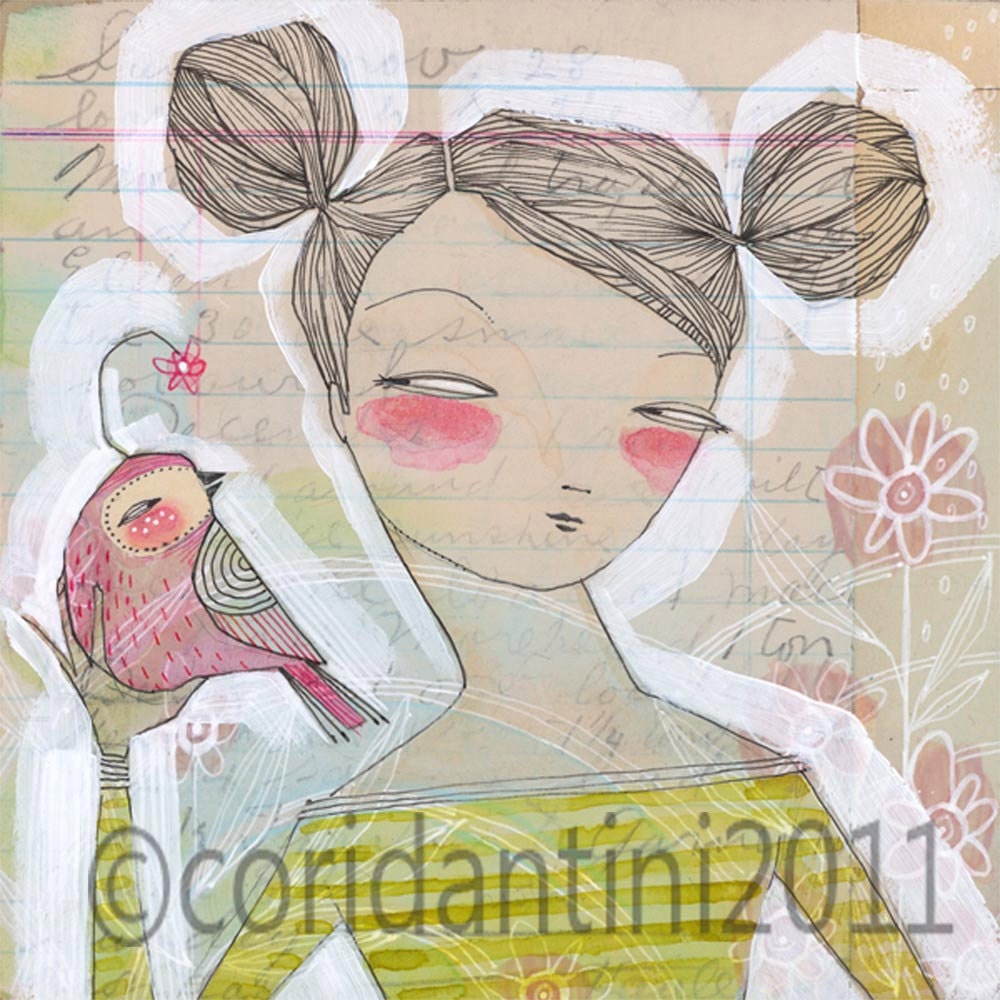watercolor portrait of a woman and bird - 8 x 8 inch limited edition archival print by cori dantini