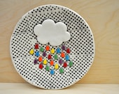 Happy Rain Cloud Plate- Colorful Polka Dot Platter with Rainbow Colored Raindrops and Puffy White Cloud