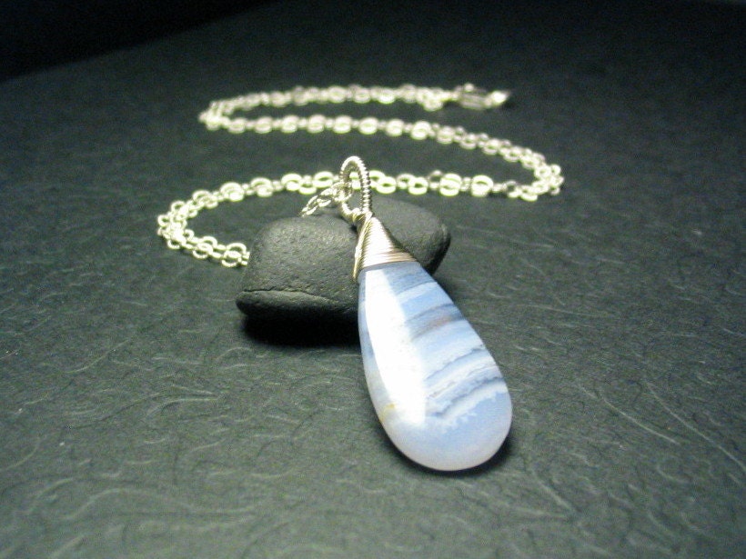Large Blue Lace Agate Gemstone Pendant on Sterling Silver Necklace