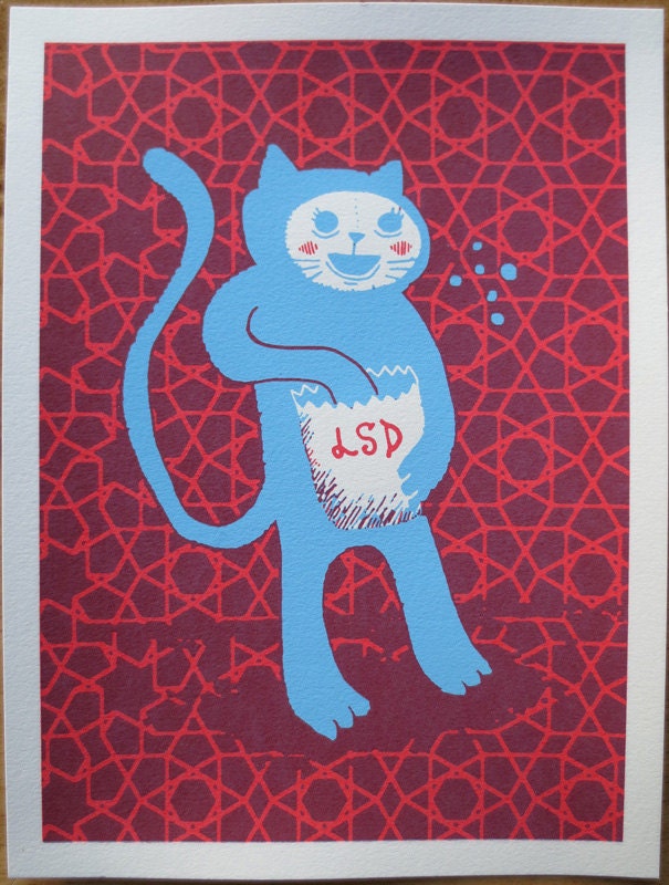 LSD Kitty (Blue and Red) - 9x12" Screenprint