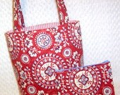 Handbag and Zipper Pouch Set Shoulder Bag Purse Tote Floral Toile Red and Cornflower Blue Americana Purse Set