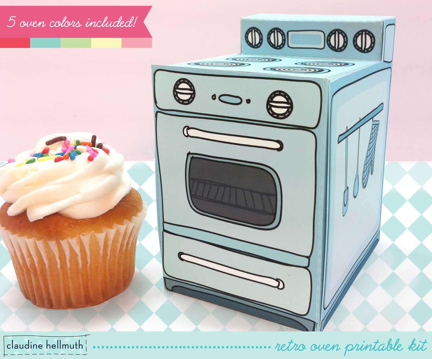 retro oven -  cupcake box, party favor box, gift card holder, paper toy printable PDF kit - INSTANT download