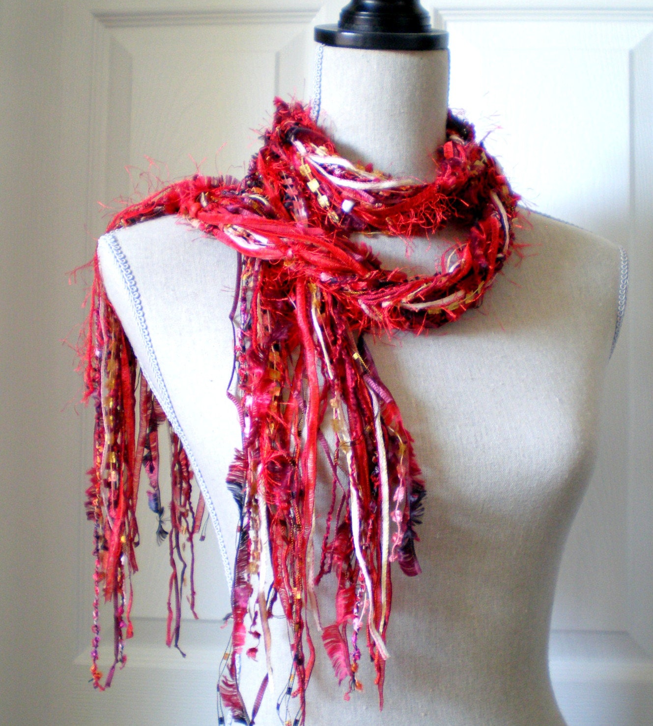 Women Knot Fashion Scarf with Beads - Long Spicy Red  Hot
