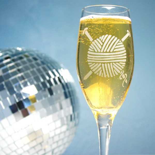 Knit or Die Yarn Ball Champagne Flute - etched stemware for a knitter