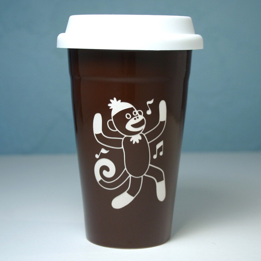 Sock Monkey Ceramic Travel Mug - microwave safe BROWN to-go cup with lid