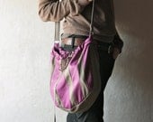 Striped Leather Tote Bag - Purple handmade genuine leather purse with adjustable strap and drawstring closure
