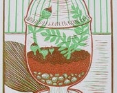 SALE - Was 35, Now 30 -- Terrarium - Linocut Print - Ecosystem / Miniature / Plants / Glass Container / Green / Stripes / Vine