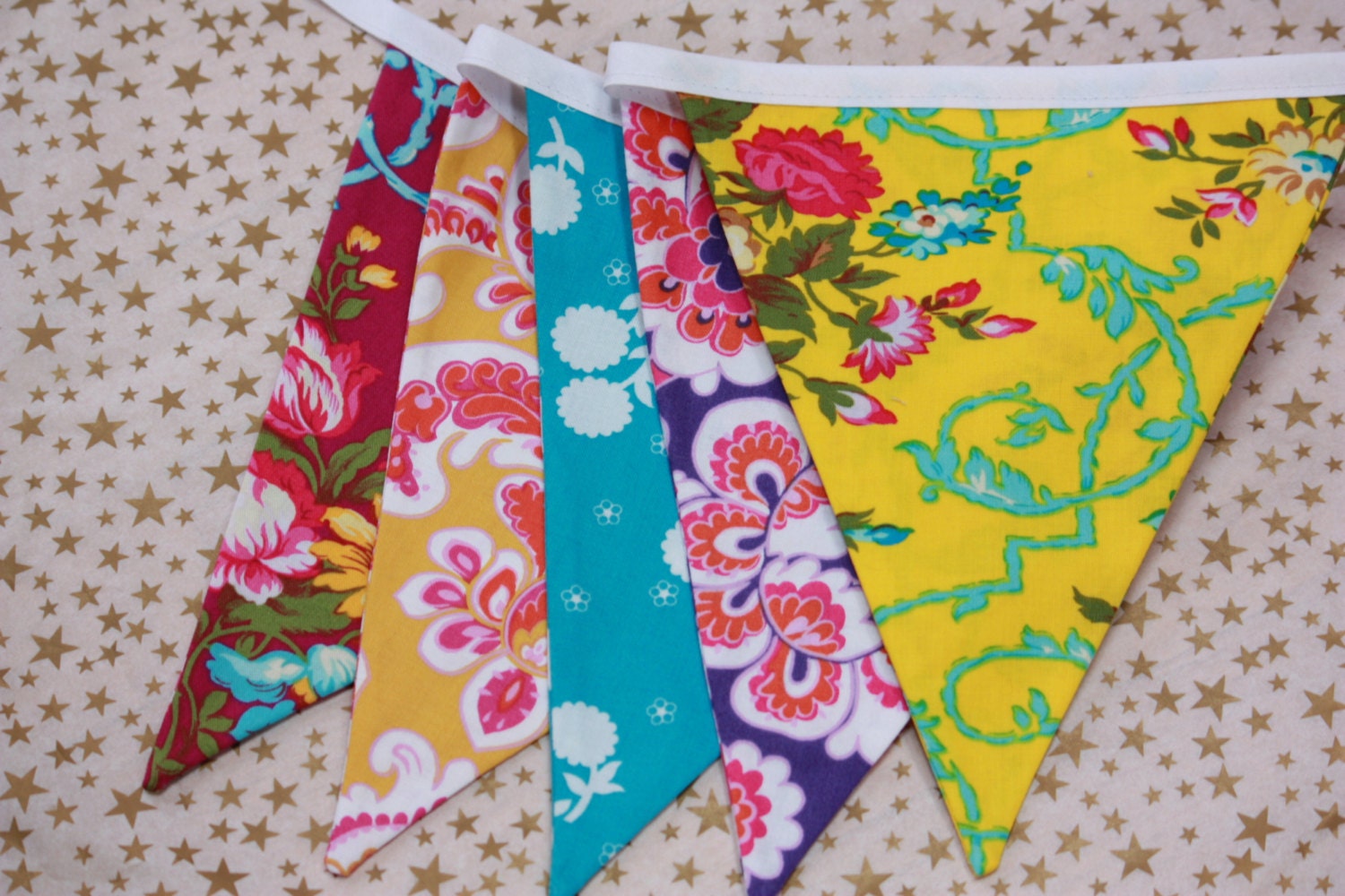 Colorful Bunting Banner, As Shown, Fabric Garland 5 Lg. Flags. Birthday, Photo Prop, Wedding Decor. Floral Shabby Chic.