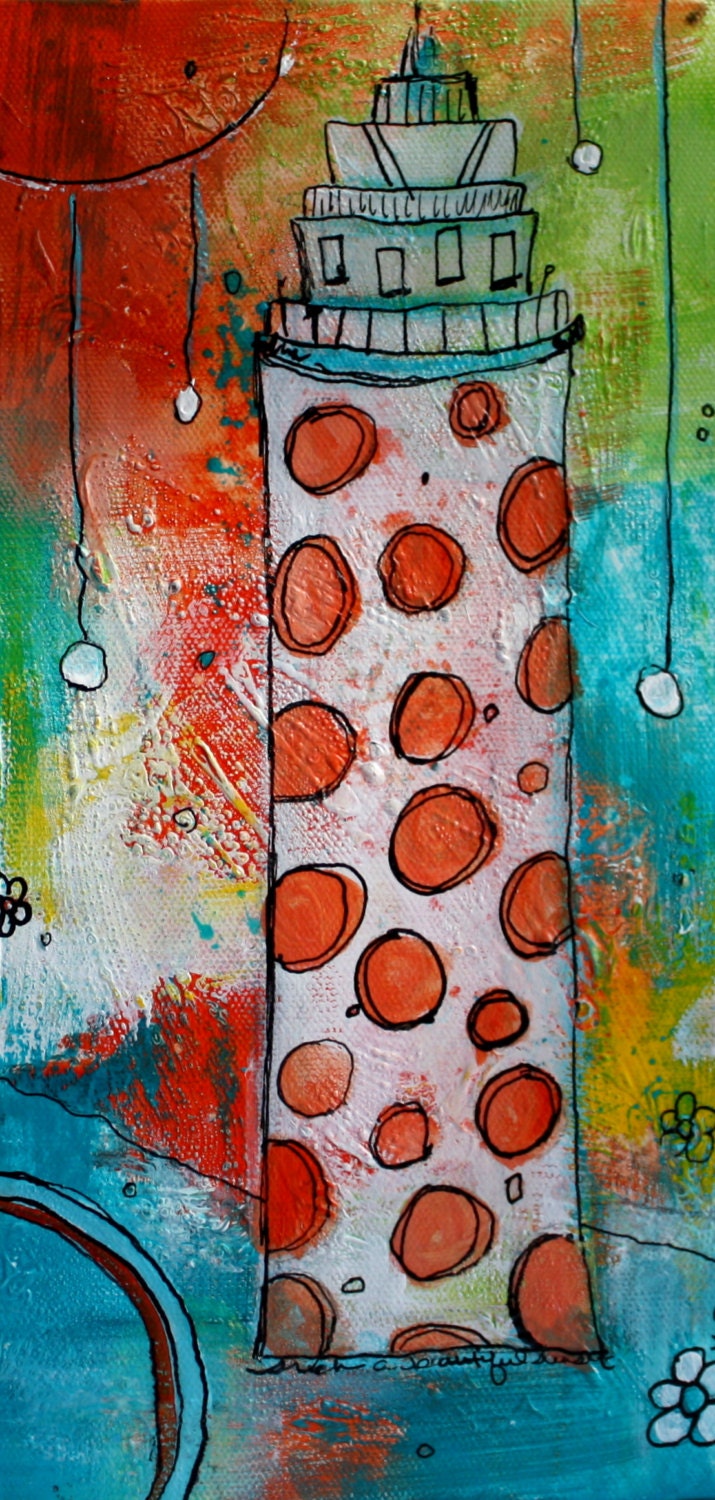 Mixed Media Funky Lighthouse acrylic  painting  in orange and aqua by Jodi Ohl