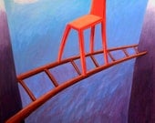 Original Oil on Canvas Narrative Allegorical Painting Chair Between Two Mountains