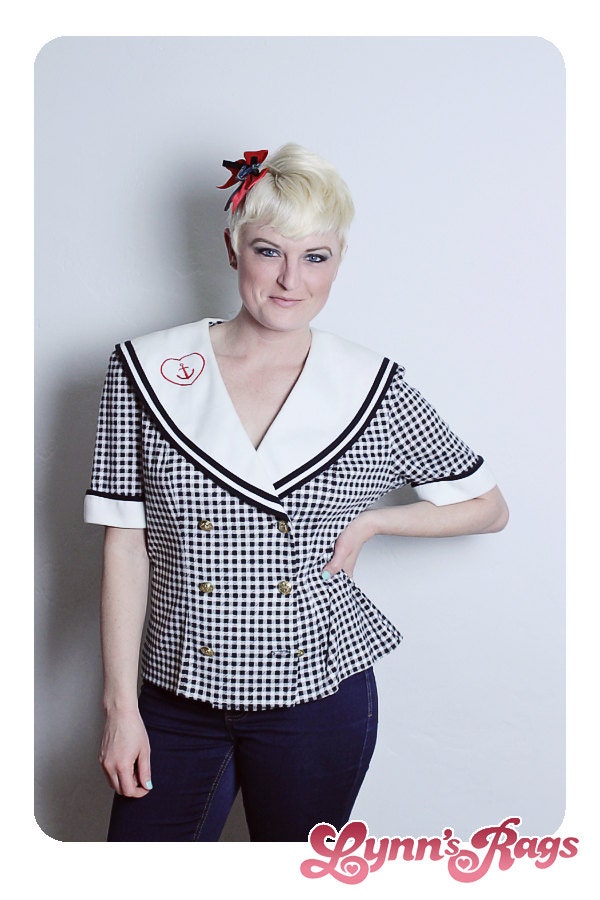 Vintage SAILOR Blouse ANCHOR Shirt Black White Red Embroidery