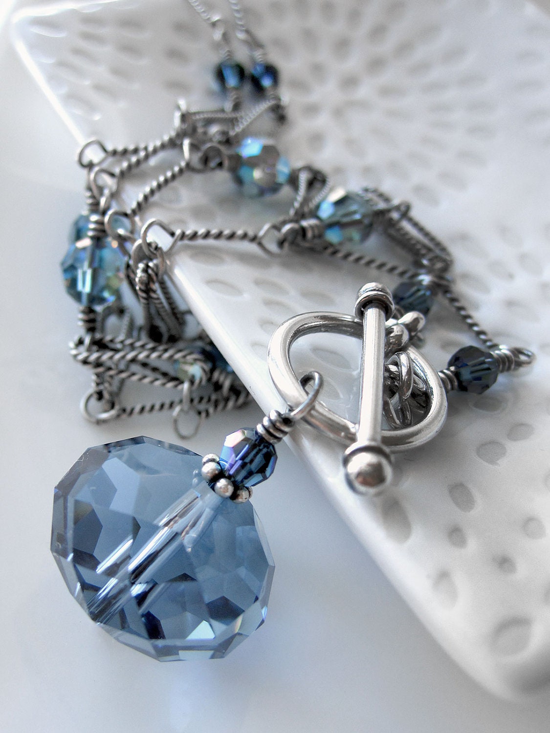Sky Blue Crystal Necklace, Antiqued Silver Chain, Something Blue Crystal Pendant, Vintage Style Wedding Jewelry, Bridesmaid Necklaces