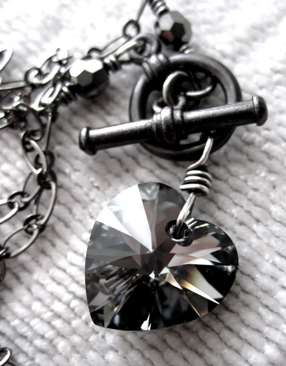 Dark Night Crystal Heart Necklace, Black Gunmetal Chain, Grey Gray Swarovski Crystal Heart Pendant Necklace, Valentine's Day - Tough Love