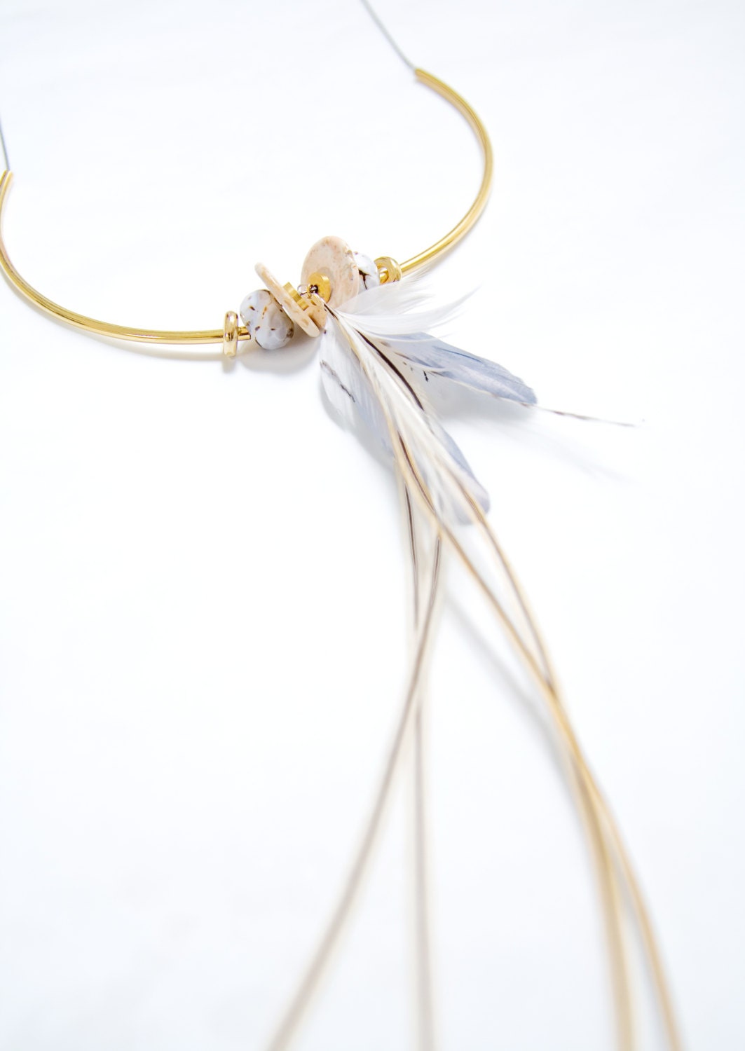 Feather Necklace - Stone Necklace - White Feathers and Grey- Magnesite and Agate Stones - Ivory and Gold Necklace