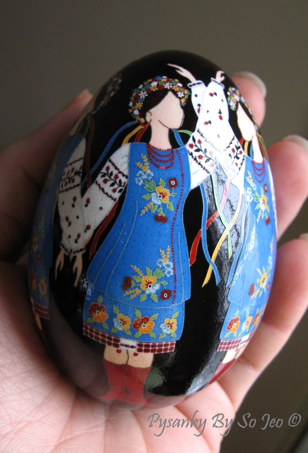 Made To Order: Ukrainian Dancers Pysanka Batik Blue Turkey Easter Egg Art EBSQ Plus