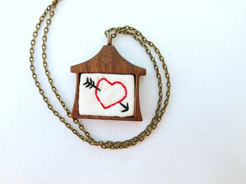 Heart Pendant - Hand Embroidered - Home is Where the Heart Is