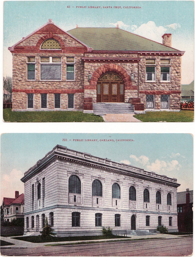 2 Antique Library Postcards from Bay Area - Oakland Library and Santa Cruz Library