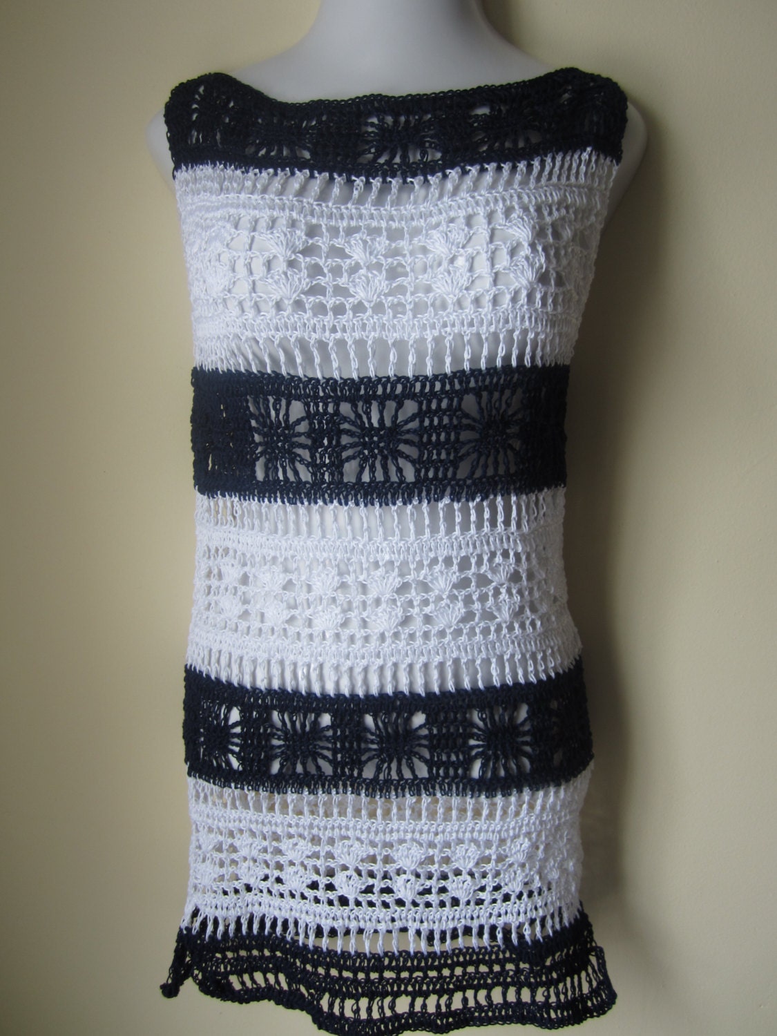 Crochet Dress, Lace sleeveless sheath , Navy Blue and White Stripes, Nautical,  preppy dress
