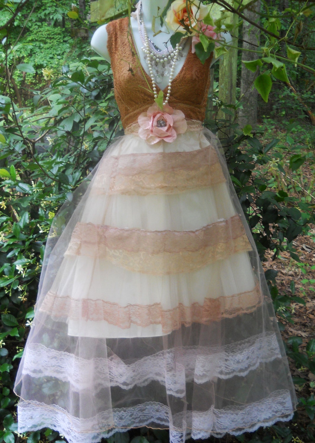 cream lace dress tea stained tulle vintage wedding bridesmaid fairytale rose   romantic medium   by vintage opulence on Etsy