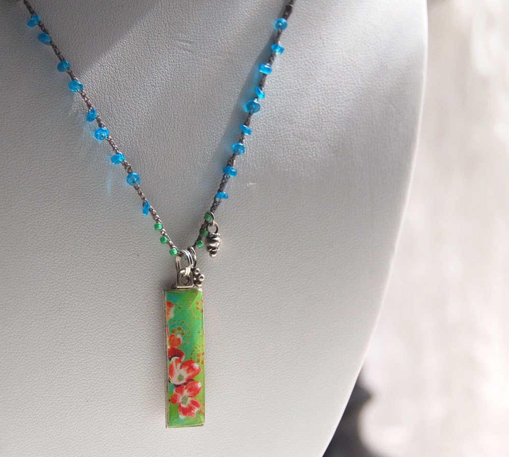 Crochet Necklace with Art Pendant - Dogwood Pendant - turquoise, coral and green