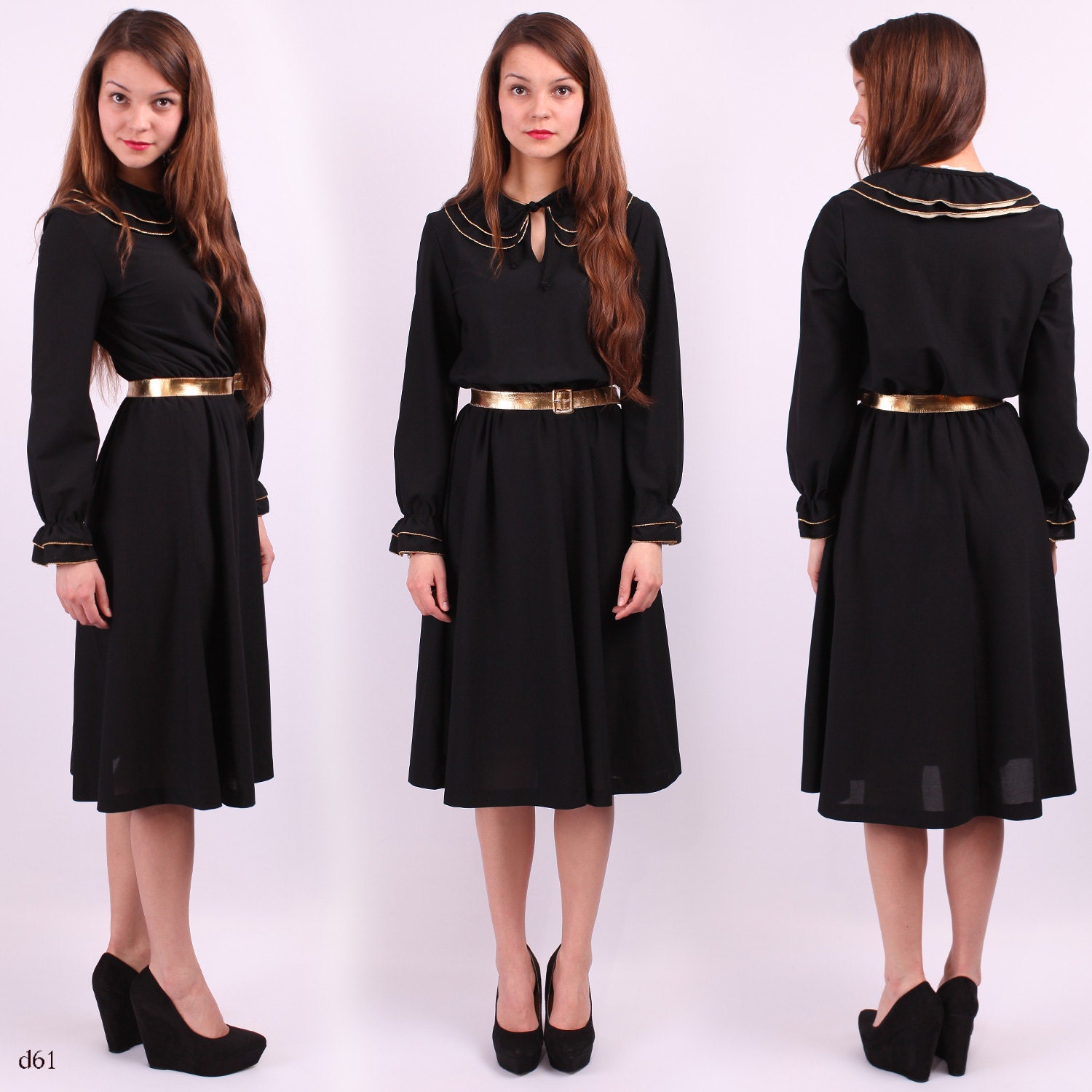 Black Gold Dress / Double Collar Midi Dress / sz Medium
